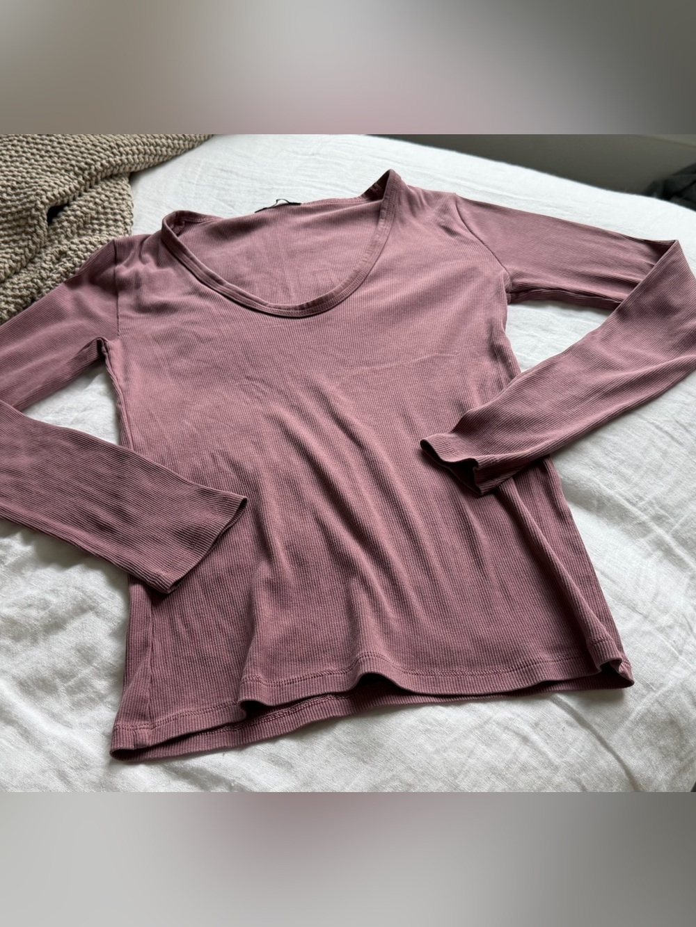 Zara Ribbed Knit Top in Dusty Mauve.